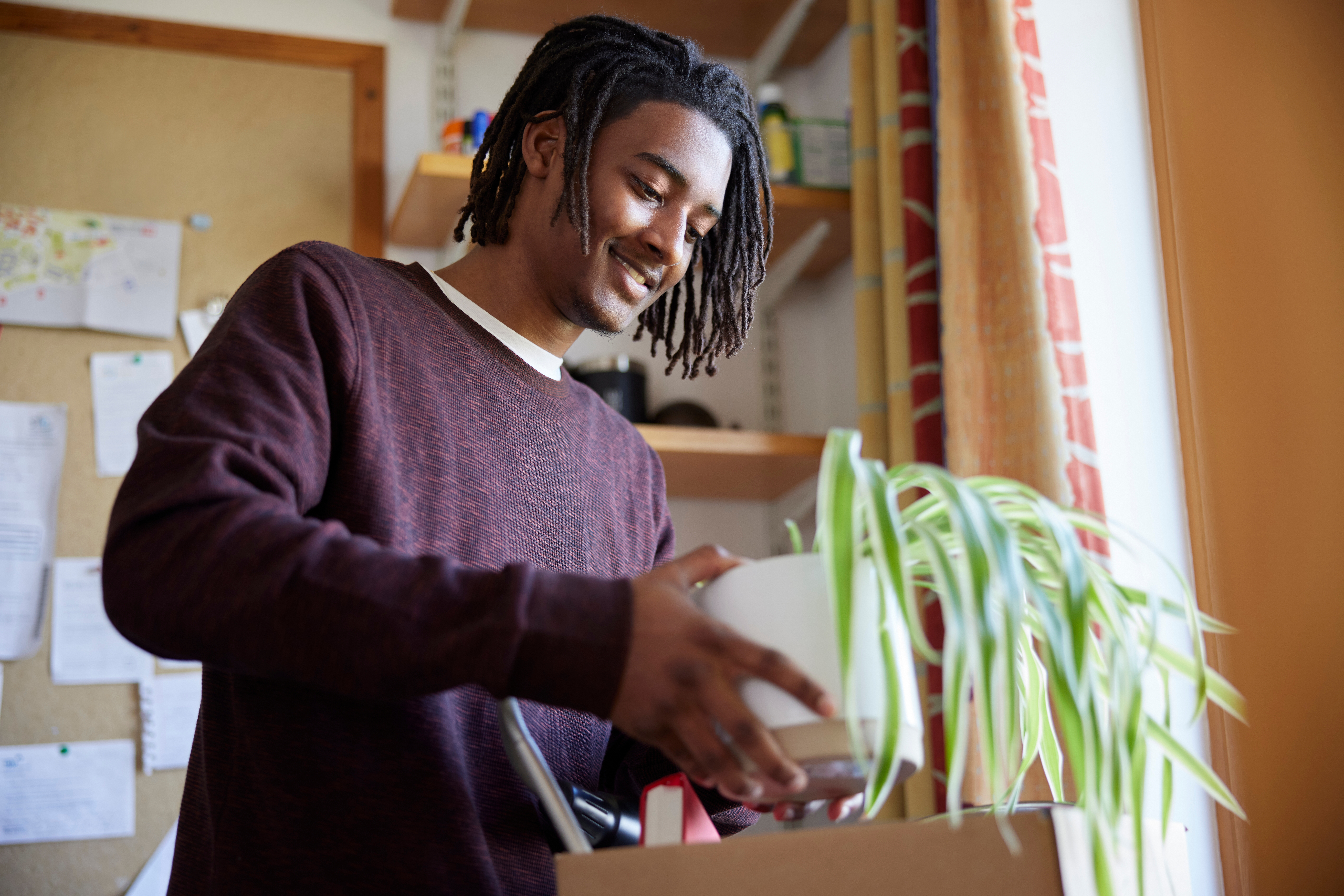 Man Packing Potted Plant in Dorm
